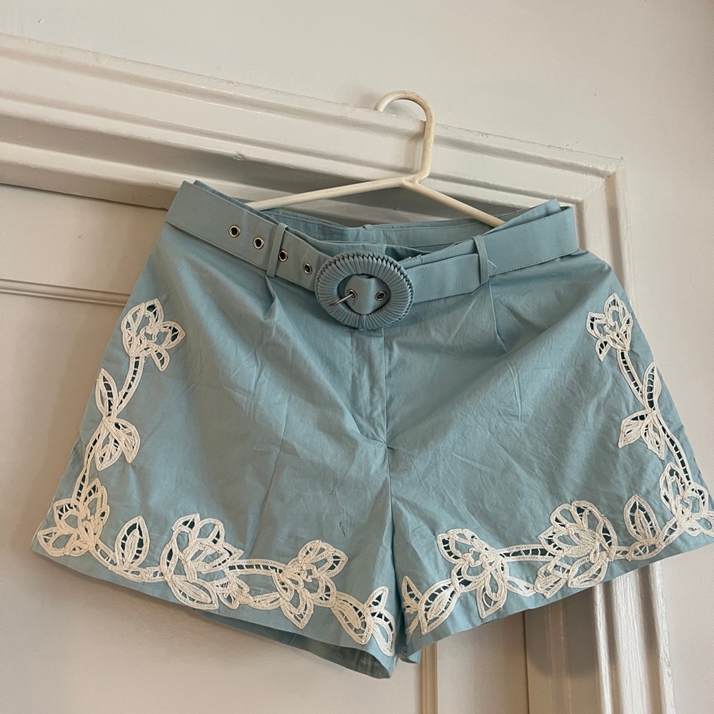 HEMANT & NANDITA Light Blue High Waist Shorts with White Lace
